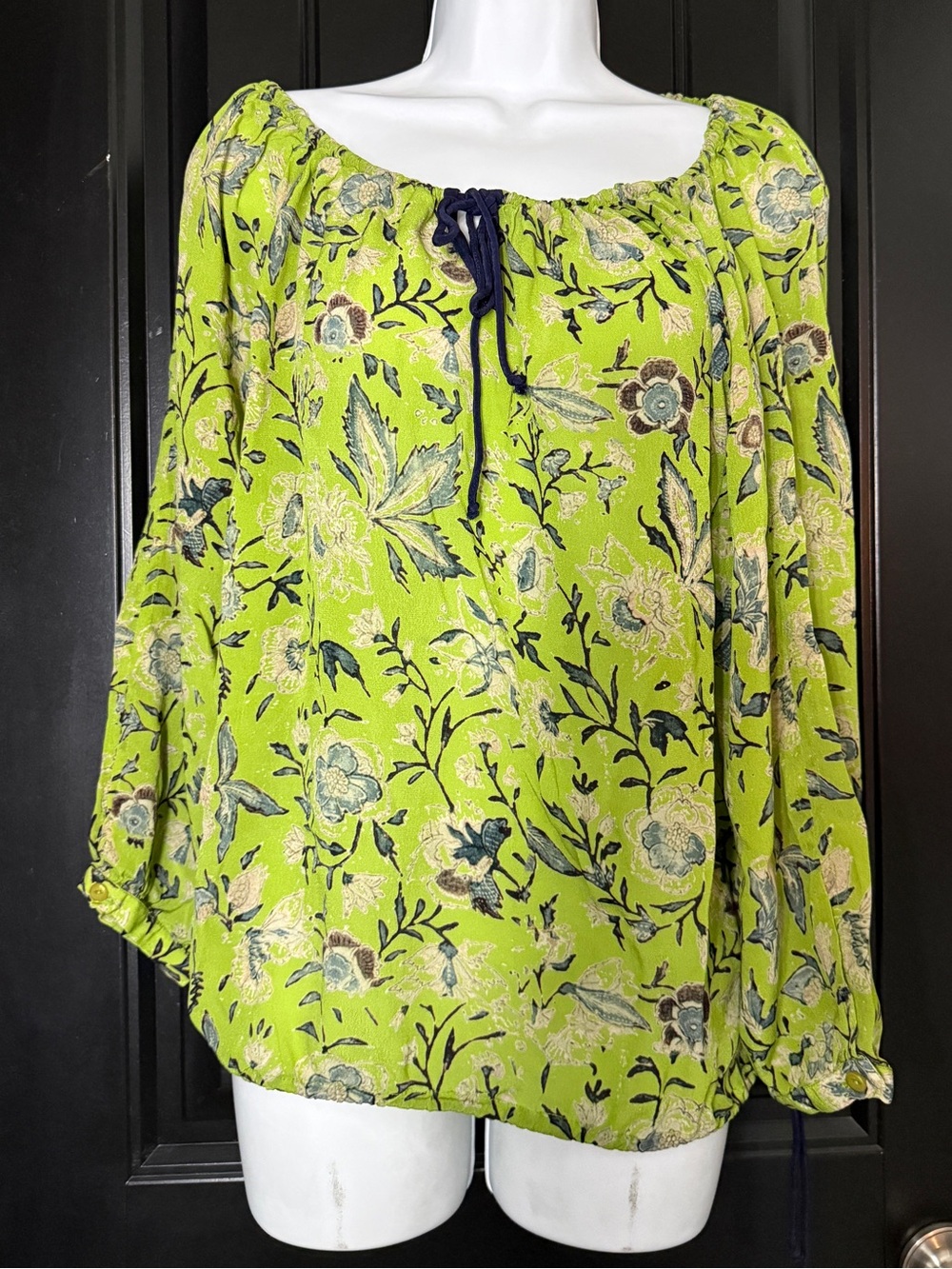 Floral Green Peasant Tunic with Tie Neck